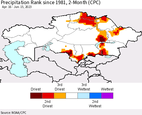 Kazakhstan Precipitation Rank since 1981, 2-Month (CPC) Thematic Map For 4/16/2023 - 6/15/2023