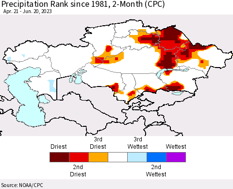 Kazakhstan Precipitation Rank since 1981, 2-Month (CPC) Thematic Map For 4/21/2023 - 6/20/2023