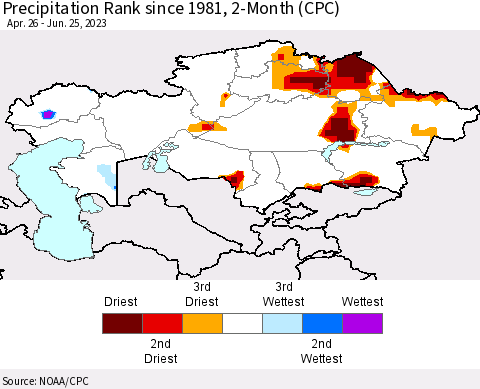Kazakhstan Precipitation Rank since 1981, 2-Month (CPC) Thematic Map For 4/26/2023 - 6/25/2023