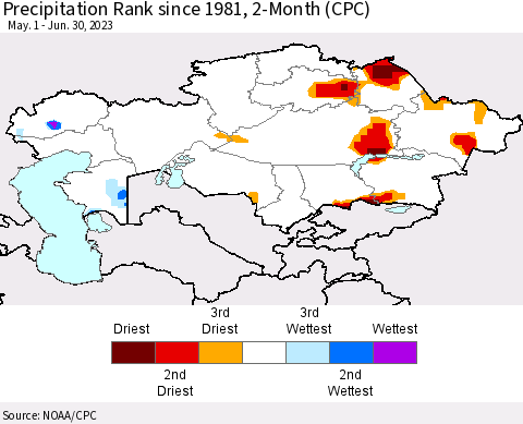 Kazakhstan Precipitation Rank since 1981, 2-Month (CPC) Thematic Map For 5/1/2023 - 6/30/2023