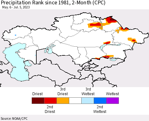 Kazakhstan Precipitation Rank since 1981, 2-Month (CPC) Thematic Map For 5/6/2023 - 7/5/2023