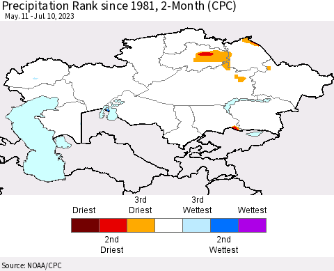 Kazakhstan Precipitation Rank since 1981, 2-Month (CPC) Thematic Map For 5/11/2023 - 7/10/2023