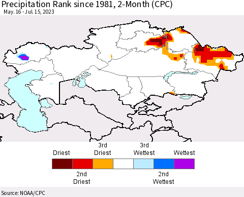 Kazakhstan Precipitation Rank since 1981, 2-Month (CPC) Thematic Map For 5/16/2023 - 7/15/2023