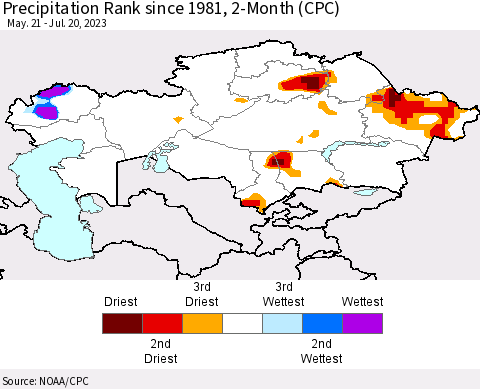 Kazakhstan Precipitation Rank since 1981, 2-Month (CPC) Thematic Map For 5/21/2023 - 7/20/2023
