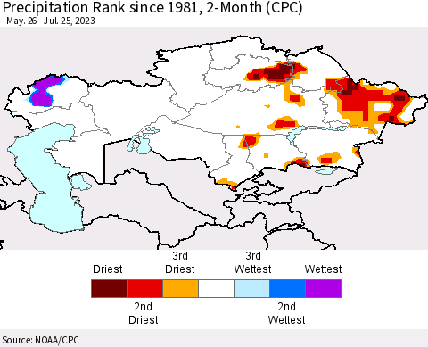 Kazakhstan Precipitation Rank since 1981, 2-Month (CPC) Thematic Map For 5/26/2023 - 7/25/2023