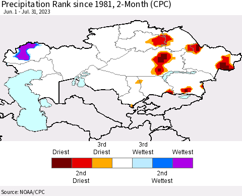 Kazakhstan Precipitation Rank since 1981, 2-Month (CPC) Thematic Map For 6/1/2023 - 7/31/2023