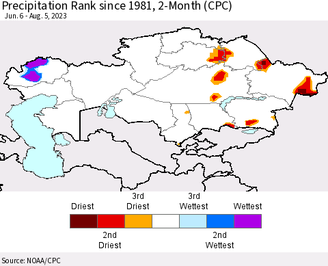 Kazakhstan Precipitation Rank since 1981, 2-Month (CPC) Thematic Map For 6/6/2023 - 8/5/2023