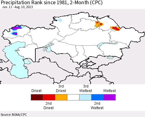 Kazakhstan Precipitation Rank since 1981, 2-Month (CPC) Thematic Map For 6/11/2023 - 8/10/2023