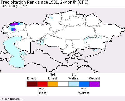Kazakhstan Precipitation Rank since 1981, 2-Month (CPC) Thematic Map For 6/16/2023 - 8/15/2023