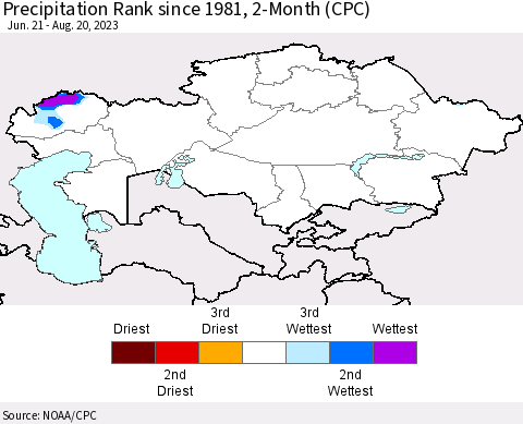 Kazakhstan Precipitation Rank since 1981, 2-Month (CPC) Thematic Map For 6/21/2023 - 8/20/2023