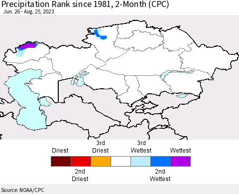 Kazakhstan Precipitation Rank since 1981, 2-Month (CPC) Thematic Map For 6/26/2023 - 8/25/2023