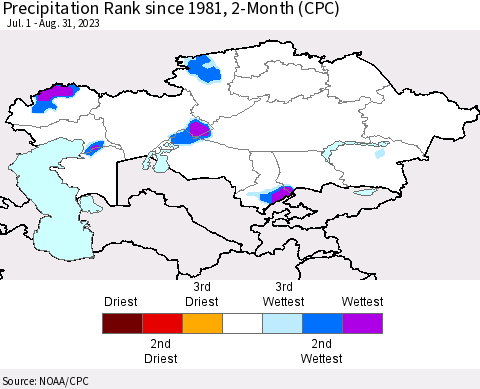 Kazakhstan Precipitation Rank since 1981, 2-Month (CPC) Thematic Map For 7/1/2023 - 8/31/2023