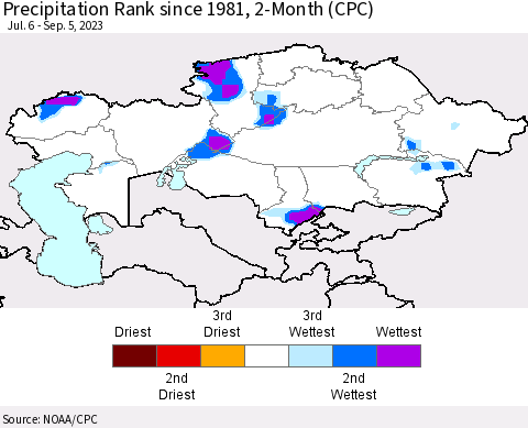 Kazakhstan Precipitation Rank since 1981, 2-Month (CPC) Thematic Map For 7/6/2023 - 9/5/2023