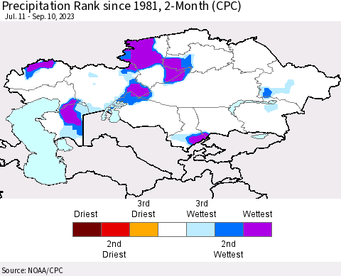 Kazakhstan Precipitation Rank since 1981, 2-Month (CPC) Thematic Map For 7/11/2023 - 9/10/2023