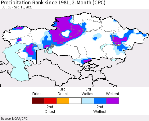 Kazakhstan Precipitation Rank since 1981, 2-Month (CPC) Thematic Map For 7/16/2023 - 9/15/2023
