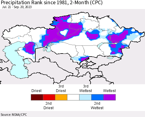 Kazakhstan Precipitation Rank since 1981, 2-Month (CPC) Thematic Map For 7/21/2023 - 9/20/2023