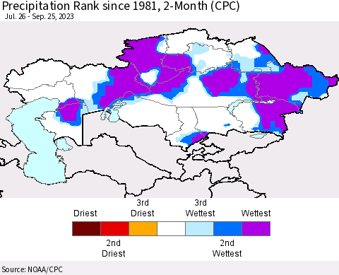 Kazakhstan Precipitation Rank since 1981, 2-Month (CPC) Thematic Map For 7/26/2023 - 9/25/2023