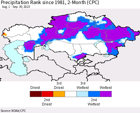 Kazakhstan Precipitation Rank since 1981, 2-Month (CPC) Thematic Map For 8/1/2023 - 9/30/2023