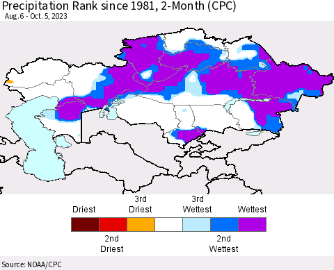 Kazakhstan Precipitation Rank since 1981, 2-Month (CPC) Thematic Map For 8/6/2023 - 10/5/2023