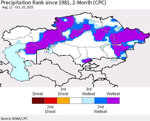 Kazakhstan Precipitation Rank since 1981, 2-Month (CPC) Thematic Map For 8/11/2023 - 10/10/2023