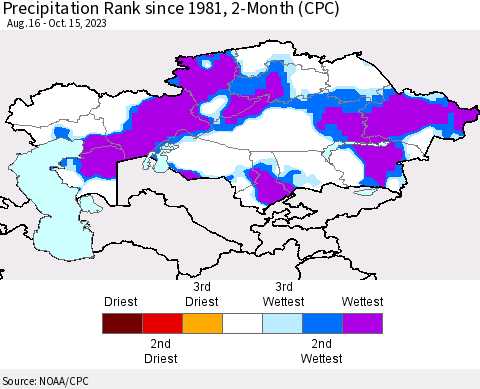 Kazakhstan Precipitation Rank since 1981, 2-Month (CPC) Thematic Map For 8/16/2023 - 10/15/2023