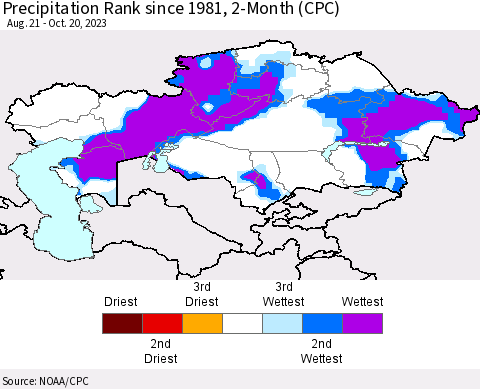 Kazakhstan Precipitation Rank since 1981, 2-Month (CPC) Thematic Map For 8/21/2023 - 10/20/2023