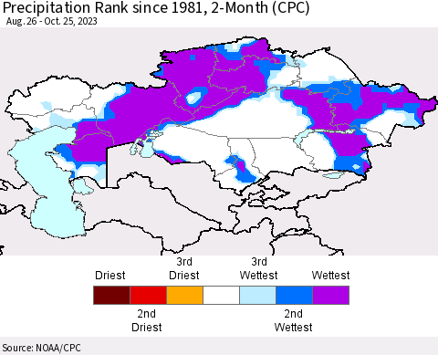 Kazakhstan Precipitation Rank since 1981, 2-Month (CPC) Thematic Map For 8/26/2023 - 10/25/2023