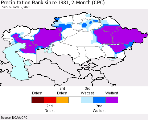 Kazakhstan Precipitation Rank since 1981, 2-Month (CPC) Thematic Map For 9/6/2023 - 11/5/2023