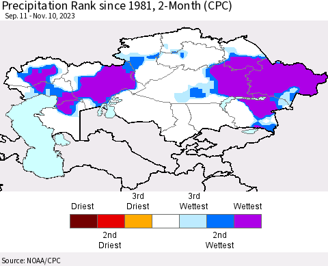 Kazakhstan Precipitation Rank since 1981, 2-Month (CPC) Thematic Map For 9/11/2023 - 11/10/2023