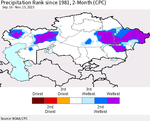 Kazakhstan Precipitation Rank since 1981, 2-Month (CPC) Thematic Map For 9/16/2023 - 11/15/2023
