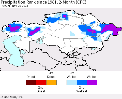 Kazakhstan Precipitation Rank since 1981, 2-Month (CPC) Thematic Map For 9/21/2023 - 11/20/2023