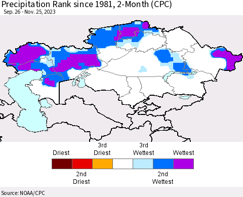 Kazakhstan Precipitation Rank since 1981, 2-Month (CPC) Thematic Map For 9/26/2023 - 11/25/2023