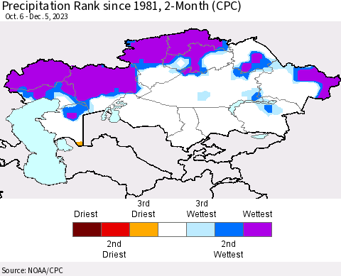 Kazakhstan Precipitation Rank since 1981, 2-Month (CPC) Thematic Map For 10/6/2023 - 12/5/2023