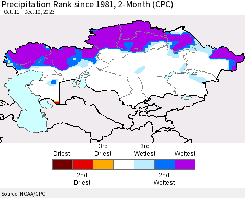Kazakhstan Precipitation Rank since 1981, 2-Month (CPC) Thematic Map For 10/11/2023 - 12/10/2023