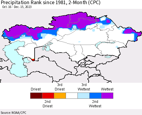 Kazakhstan Precipitation Rank since 1981, 2-Month (CPC) Thematic Map For 10/16/2023 - 12/15/2023