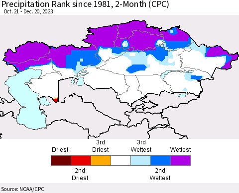 Kazakhstan Precipitation Rank since 1981, 2-Month (CPC) Thematic Map For 10/21/2023 - 12/20/2023