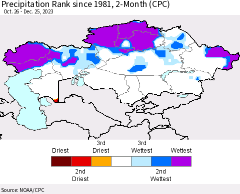 Kazakhstan Precipitation Rank since 1981, 2-Month (CPC) Thematic Map For 10/26/2023 - 12/25/2023