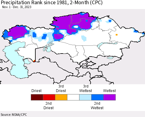 Kazakhstan Precipitation Rank since 1981, 2-Month (CPC) Thematic Map For 11/1/2023 - 12/31/2023