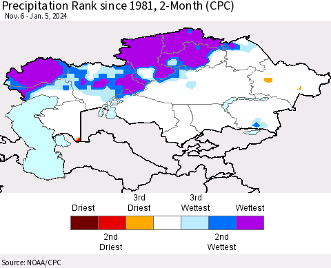 Kazakhstan Precipitation Rank since 1981, 2-Month (CPC) Thematic Map For 11/6/2023 - 1/5/2024