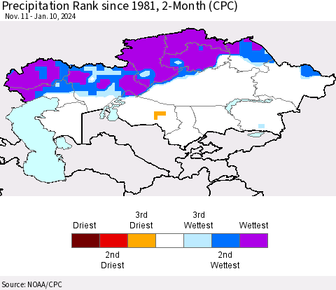 Kazakhstan Precipitation Rank since 1981, 2-Month (CPC) Thematic Map For 11/11/2023 - 1/10/2024