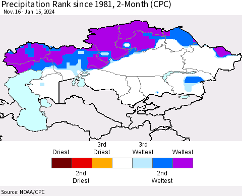 Kazakhstan Precipitation Rank since 1981, 2-Month (CPC) Thematic Map For 11/16/2023 - 1/15/2024