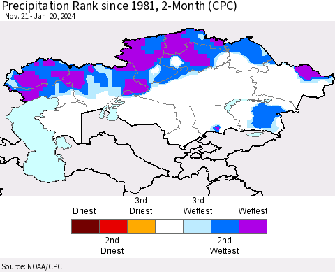 Kazakhstan Precipitation Rank since 1981, 2-Month (CPC) Thematic Map For 11/21/2023 - 1/20/2024