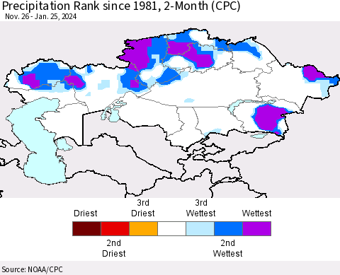 Kazakhstan Precipitation Rank since 1981, 2-Month (CPC) Thematic Map For 11/26/2023 - 1/25/2024