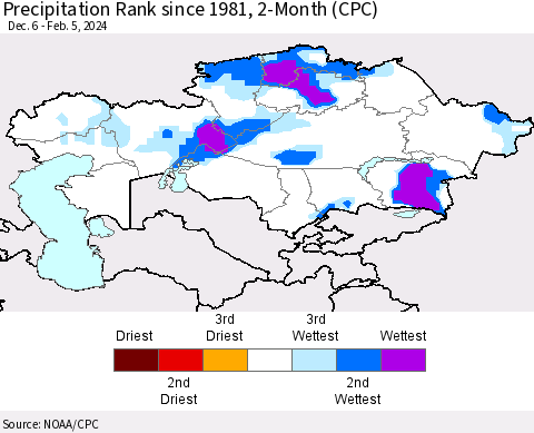 Kazakhstan Precipitation Rank since 1981, 2-Month (CPC) Thematic Map For 12/6/2023 - 2/5/2024