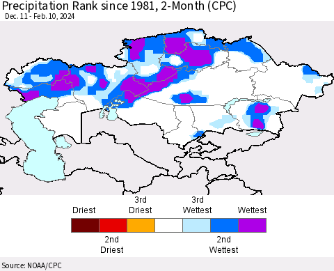 Kazakhstan Precipitation Rank since 1981, 2-Month (CPC) Thematic Map For 12/11/2023 - 2/10/2024