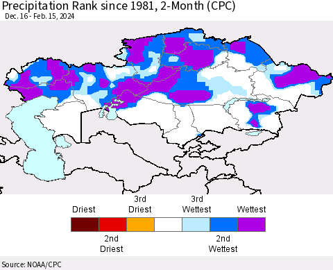 Kazakhstan Precipitation Rank since 1981, 2-Month (CPC) Thematic Map For 12/16/2023 - 2/15/2024