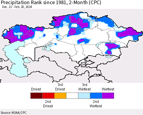 Kazakhstan Precipitation Rank since 1981, 2-Month (CPC) Thematic Map For 12/21/2023 - 2/20/2024