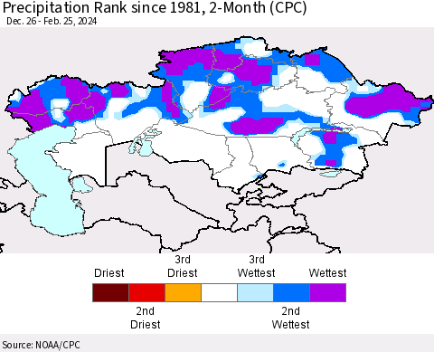 Kazakhstan Precipitation Rank since 1981, 2-Month (CPC) Thematic Map For 12/26/2023 - 2/25/2024