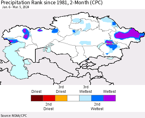 Kazakhstan Precipitation Rank since 1981, 2-Month (CPC) Thematic Map For 1/6/2024 - 3/5/2024