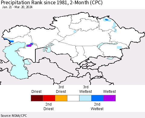 Kazakhstan Precipitation Rank since 1981, 2-Month (CPC) Thematic Map For 1/21/2024 - 3/20/2024